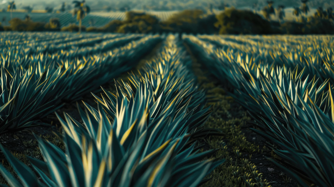 Traditional blue agave field and harvester in Mexico