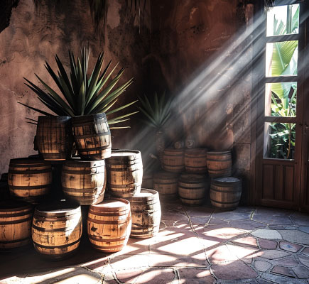 Tequila ageing barrels inside oak warehouse