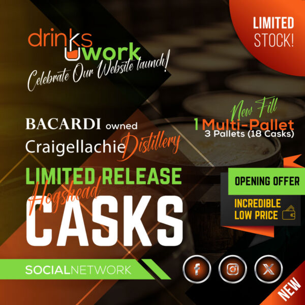 Craigellachie whisky casks stacked on multiple pallets
